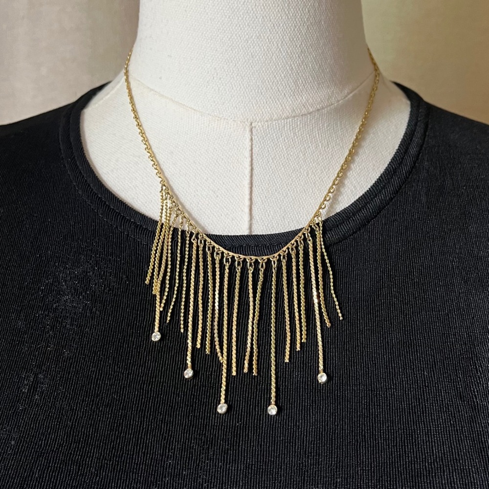 Goldโ Tone Fringe Tassel Necklace with Rhinestone Drops Statement Bib 18"